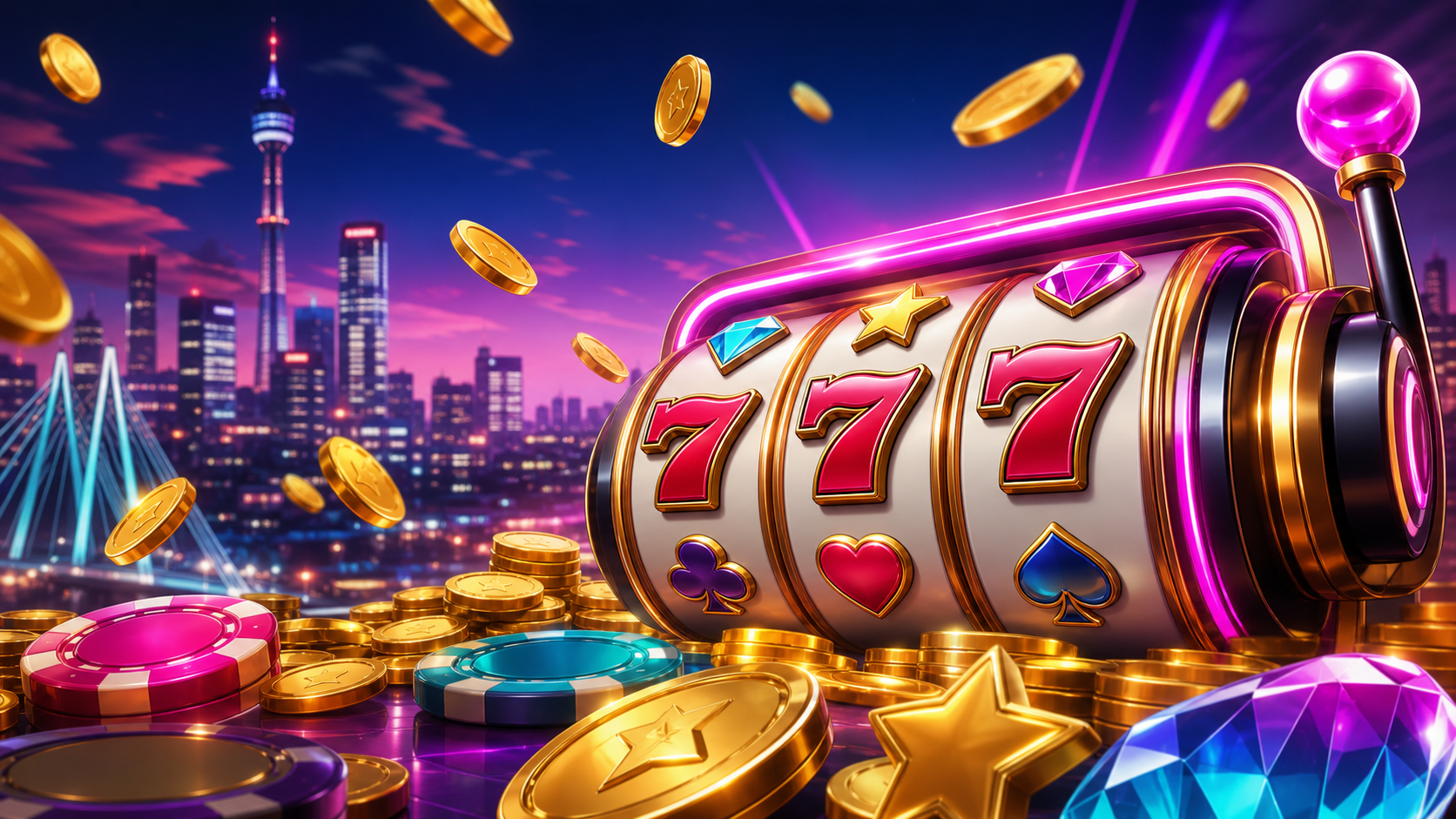 Bright demo slot reels and neon casino-style symbols