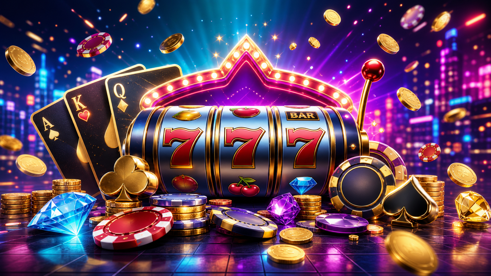 Social casino demo slot symbols with neon chips and reels